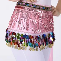 Jupe japonaise plissée en polyester pour femme, style bohème, avec franges, sequins et pompons, pour danse du ventre, écharpe de hanche, fête rave