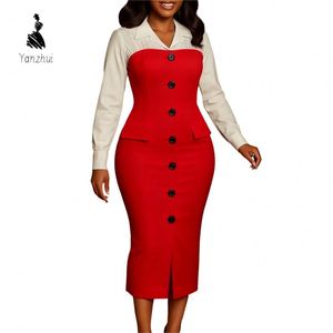 <span class=keywords><strong>Robes</strong></span> de <span class=keywords><strong>carrière</strong></span> d'automne à manches longues, col tailleur, couleur contrastée, robe crayon pour femme de bureau - Product Image 4