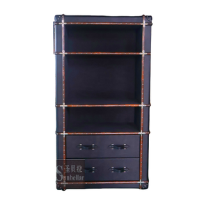 Foshan Factory Directly OEM ODM Retro Vintage negro cuero librería 3 niveles con 2 cajones madera ratán almacenamiento estantería hogar - Product Image 6