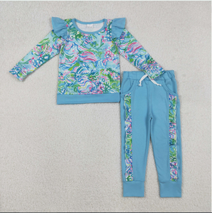 ชุดเสื้อผ้าเด็กผู้หญิงน่ารัก GLP2832 ลายดอกไม้สาหร่ายสีฟ้า พร้อมกางเกงระบาย - Product Image 3