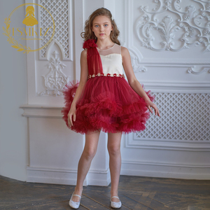 Robe de bal rouge foncé pour filles Nouveau Design Floral Satin ODM Fourniture <span class=keywords><strong>Ceinture</strong></span> perlée pour enfants pour anniversaire et soirée - Product Image 2