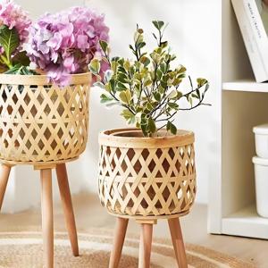 Allwetter Bambus gewebte Blumentopf Behälter Home Use <span class=keywords><strong>Wicker</strong></span> Planter <span class=keywords><strong>Basket</strong></span> mit Blumenmuster