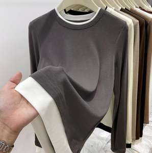 Camiseta Térmica de Manga Larga con <span class=keywords><strong>Cuello</strong></span> <span class=keywords><strong>Redondo</strong></span> para Mujer, Ropa Interior, Camiseta Base, Diseño de Bloques de Color, Top de Otoño Invierno, Estilo Europeo, Terciopelo - Product Image 5