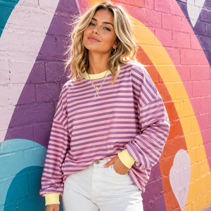 Camiseta de Manga Larga con <span class=keywords><strong>Cuello</strong></span> Redondo y Rayas de Bloques de Color Oversize para <span class=keywords><strong>Mujer</strong></span>, 100% Algodón, Estilo Casual con Hombros Caídos, Top Loungewear - Product Image 1