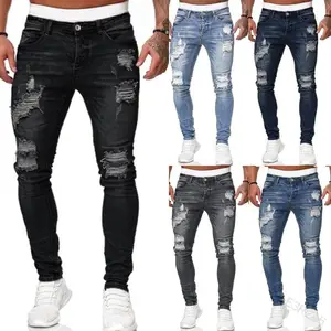 Factory New Men's Denim Jeans Youth Casual Stretch Slim Fit Washed and Patchwork Design Mid-Waist Ripped Pants for Parties