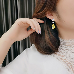Boucles d'oreilles élégantes en forme de cœur, cristal de citrine jaune, plaqué or 18 carats, bijoux romantiques pour femmes, pour mariage - Product Image 6