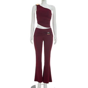 Viviblook D26ST215 Women Casual <b>Set</b> Metal Single Shoulder <b>Sexy</b> Sleeveless Asymmetrical Vest Top Flared Pants Two Piece <b>Set</b> - Product Image 1