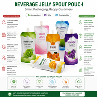 Pochette Doypack avec bec verseur et bouchon à vis 200 ml pour jus de fruits, gelée, purée et smoothie (orange, raisin, noix de coco, mangue)