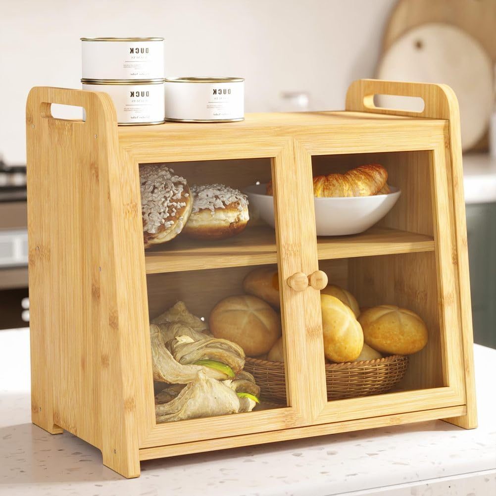 Eck-Brotkasten Aus Bambus Mit Gewellter Acryl-Tür – Große Kapazität, Platzsparend Für Die Küche
