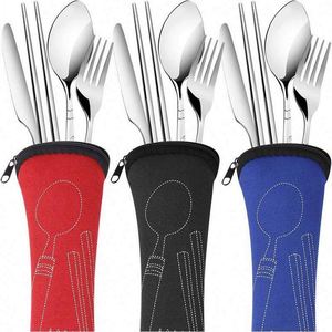 Juego de cubiertos de acero inoxidable de cinco piezas estilo chino nuevo con bolsa de tela, cuchillo y tenedor para carne con acabado cepillado, para exportación. - Product Image 4