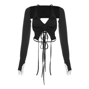 Top Sexy para Mujer, Elástico, de Manga Larga, Cuello en V, Halter, Fruncido, Sólido, 2 Piezas, Tops Cortos para Mujer - Product Image 4