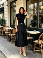Fournisseur OEM Robe midi à empiècements, Robe plissée en maille côtelée à col semi-montant, Tenue élégante pour le quotidien, Usine chinoise