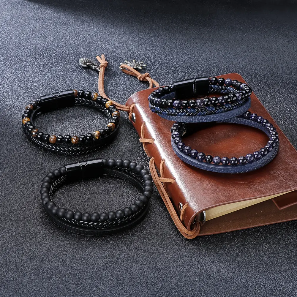 Pulsera De Cuero Para Hombre Tay Dệt Da Tự Nhiên Tiger Eye Đá Núi Lửa Hạt Từ Clasp Vòng Đeo Tay Bằng Da