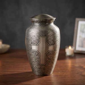 Metal Cremation Urn <b>Ashes</b> Vase Silver Speckled Cross Memorial <b>Keepsake</b> Handmade Funeral Decor - Indian Home Crafts - Product Image 1