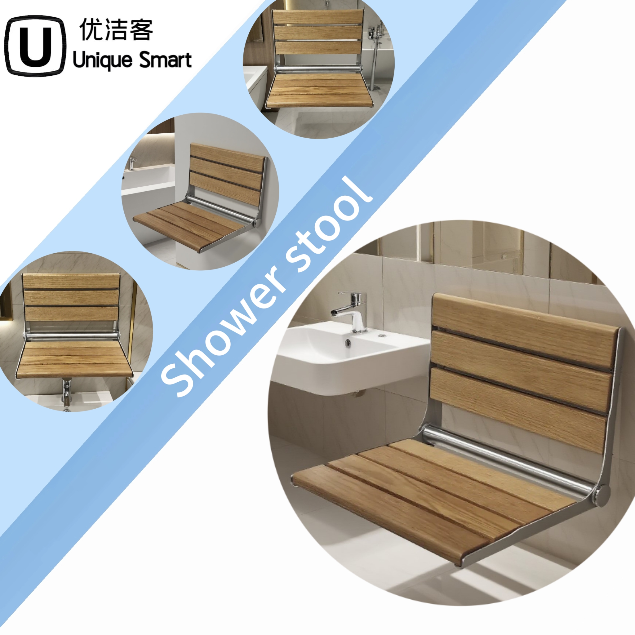 Teak Folding Shower Seats Durable Wall Mounted - Main Image
