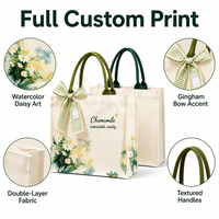 Sac fourre-tout personnalisé en toile double couche avec fermeture éclair, imprimé aquarelle marguerite camomille, poignées olive, nœud à carreaux, OEM ODM LOGO Code QR