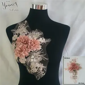 DIY 3D Flower big rose embroidery lace patch applique with Rhinestone