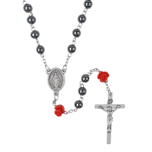 Collier de chapelet en hématite rouge rose, médaille/crucifix personnalisable, perles, bijoux religieux catholiques pour femmes et hommes - Product Image 3