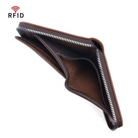 Dompet Pendek Resleting Kulit PU Lapis Lilin Retro Anti Maling RFID Blocking untuk Pria dengan Kantong Koin, Tempat Kartu Multi-Slot