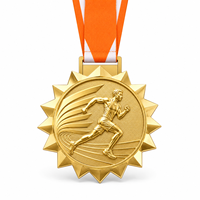 Médaille de course personnalisée en alliage de zinc 3D doré, bord effet soleil, pour marathon, médailles de finisseur en métal, récompense sportive avec ruban orange