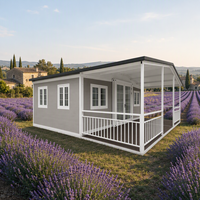 Maison conteneur moderne à toit en pente extensible 20 pieds, finition blanche, 2 chambres, 1 séjour, fenêtres en treillis, porche avant, chalet clé en main