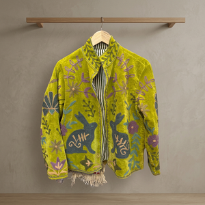 Veste en velours pour femme, col mandarin, manches longues, motif floral brodé à la main, motif lapin, manteau de printemps, design à points ouverts, Suzani - Product Image 1