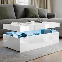 Table basse moderne en bois avec plateau brillant, 2 tiroirs, éclairage LED RGB, design rectangulaire pour la maison, salon
