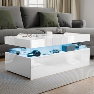 High Gloss Modern Wooden Panel Top <strong>Coffee</strong> <strong>Table</strong> with 2 Drawers LED RGB Lights <strong>Rectangle</strong> Design for Home Furniture Living Room - Product Image 5