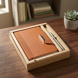 Set de Regalo de Cuaderno de Cuero Marrón y Bolígrafo Plateado en Caja de Cartón Kraft - Product Image 2