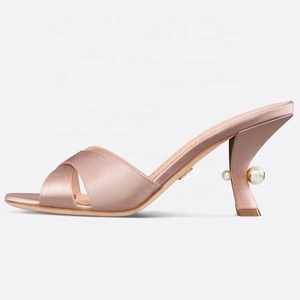 Women Low Pearl Thin Heels Open Toe Sandals Cross Strap Satin on <b>Mules</b> Summer Wide Fit <b>Slippers</b> - Product Image 4