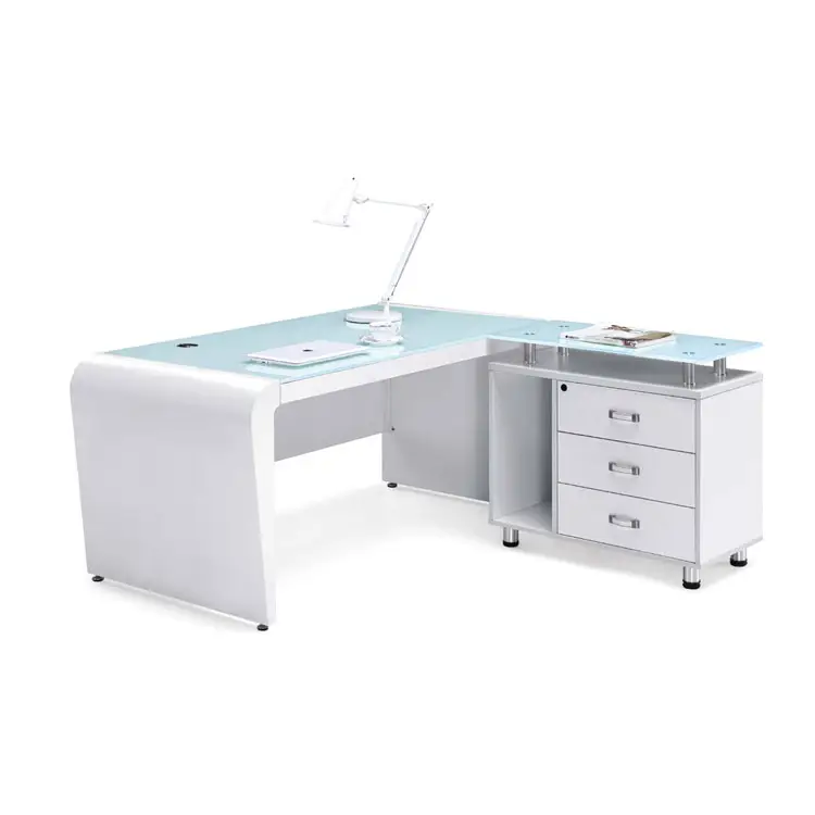 Mobiliário ceo executivo barato branco moderno mesa de vidro de escritório