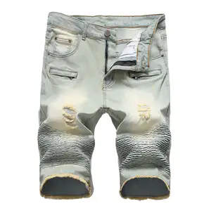 Men's foreign trade denim shorts motorcycle zipper wrinkle men's denim stretch pants five quarter pants