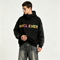 Sweat à capuche streetwear coupe ample, col montant, épaules tombantes, coupe courte, entièrement zippé, en molleton bouclé French Terry, DTG DTF, pull