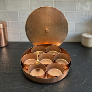 Premium Round Pure Brass Spice <b>Box</b> with 7Katori Containers Etched Floral Art Lid Luxury Indian Masala Dani Kitchen Organizer Set - Product Image 3