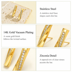 Pendientes de Barra Trenzada de Acero Inoxidable con Circonita Transparente en Tono Dorado y Acero, Joyería Minimalista de 15 mm - Product Image 5