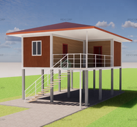 Maison conteneur de 39 m² avec 2 chambres, sur pilotis et véranda de 24 m², toit à double pente, maison préfabriquée modulaire au Cambodge