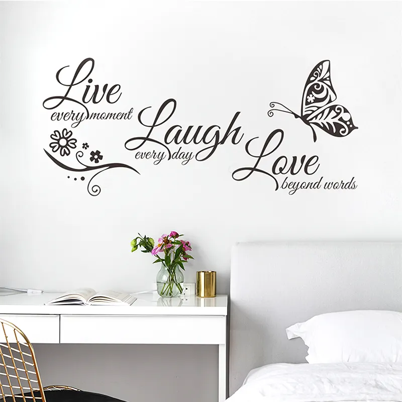 Autocollant mural de proverbes anglais en direct rire amour chambre salon décoration famille inspirante autocollants muraux citations