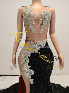 ชุดราตรีออกงานทรงบอลกาวน์สีดำผ้าซาติน ดีไซน์หรูหรา คอ halter ผ่าสูง ประดับคริสตัลและขนนกธรรมชาติ สำหรับสุภาพสตรี แบรนด์ MF Fashion Design - Product Image 6