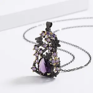 Gioielli squisiti KYNL0621 collana di zirconi viola con ramo vuoto placcato nero gotico esagerato unico in stile retrò per le donne