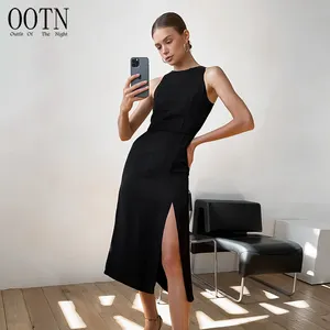 OOTN bahar katı O boyun Bodycon elbiseler 2023 moda kolsuz yüksek sokak Midi elbise seksi siyah bölünmüş yüksek bel kadın elbise