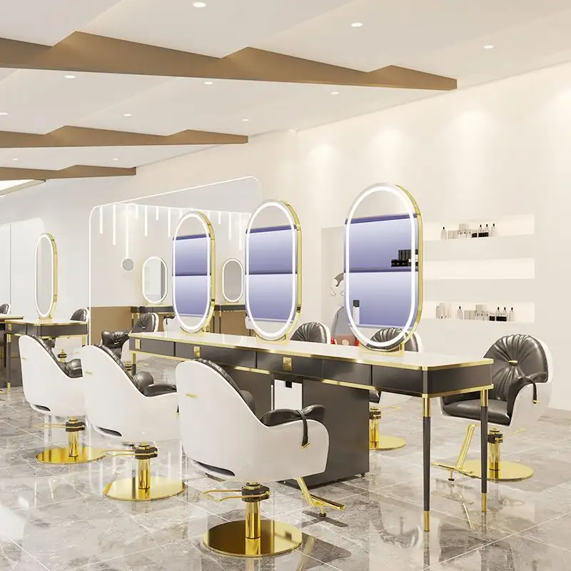 Modernes Edelstahl-Design Barbier-Haar doppelseitige Kosmetik-Styling-Station Ausrüstung Make-up Led-Salon-Spiegel