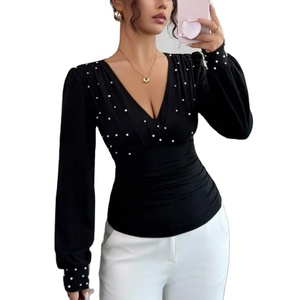 Blus Warna Solid Berhias Mutiara untuk Wanita, Atasan Lengan Panjang Kasual Musim Gugur Musim Dingin - Product Image 5