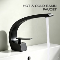 Robinet de salle de bain moderne monocommande noir mat en aluminium spatial avec bec courbé, à montage sur plan, monotrou, mitigeur eau chaude et froide