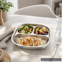 Plateau carré à 3 compartiments en acier inoxydable, coins arrondis, bords lisses, écologique, passe au lave-vaisselle, plat de service bento