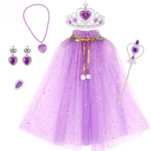 CM169 Disfraz de Princesa Elsa Anna para Niña, Capa de Lentejuelas para Fiesta de Fingir, Corona, Varita, Accesorios de Joyería