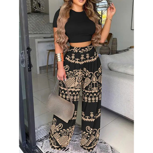 Abiti 2 pezzi per donna girocollo a manica corta top corti con stampa pantaloni lunghi a gamba larga estate set abbinati - Product Image 6