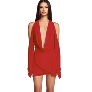 Vestido Casual de Mujer con Cuello Halter Sexy, Escote en V, Plisado, Manga Acampanada, Espalda Abierta, Estilo Western, con Cordones, para Otoño e Invierno - Product Image 1