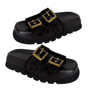 Sandales plates d'été en daim respirant à bout <span class=keywords><strong>carré</strong></span> ouvert avec double boucle pour femme, personnalisables avec logo - Product Image 2