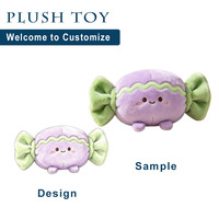 Jouets en peluche personnalisés en gros, jouet en peluche doux violet en forme de bonbon, coussin en peluche brodé, peluches pour enfants pour votre propre marque, vente au détail et événements