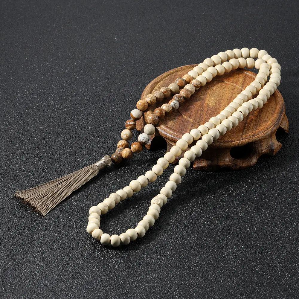 Großhandel Holz Mala Perlenkette 8MM Halbe del steine Edelsteine Quaste Lange handgemachte Perlenkette für Frauen Männer